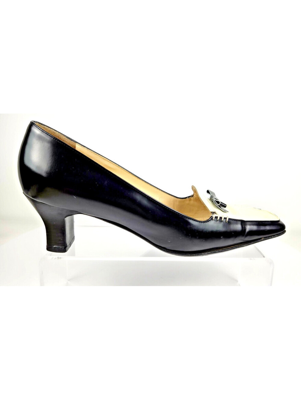 Prada Black and White Leather Kitten Heel Pumps with Bow Accent